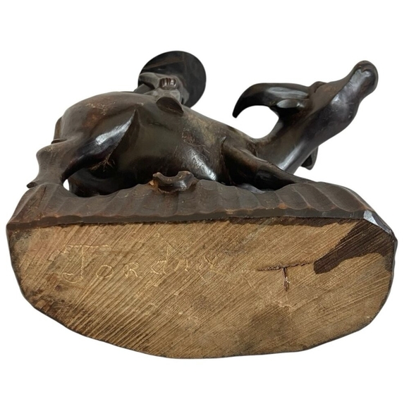 Vintage Hand Carved Wooden Water Buffalo With Man Riding Animal Statue - Picture 6 of 6